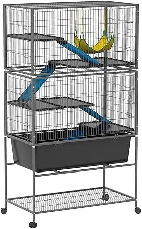 59" 5-Level Small Animal Cage, Rolling Ferret Chinchilla Cage with Slide Out 6.3" Deep Tray, Non-Slip Cloth Covered Ramps, Hamm