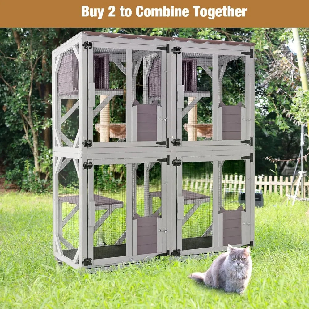 Catio Outdoor Cat Enclosure, 4 Tiers Outdoor Cat House with Wheels, Kitty Cages Indoor Large Window Catio -Waterproof Roof