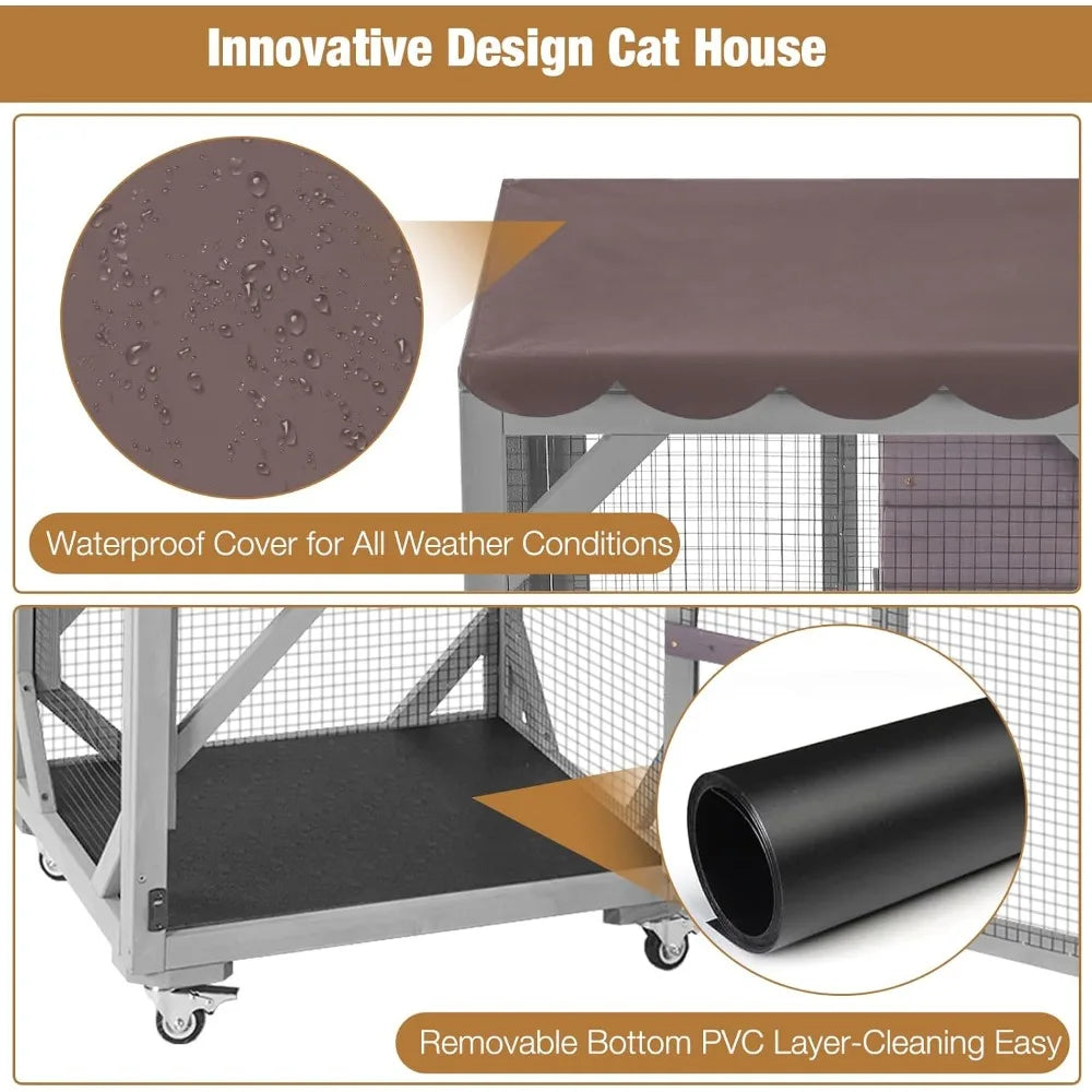 Catio Outdoor Cat Enclosure, 4 Tiers Outdoor Cat House with Wheels, Kitty Cages Indoor Large Window Catio -Waterproof Roof