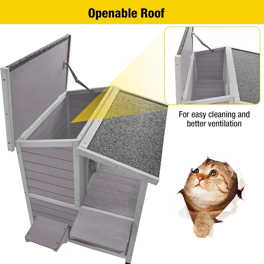 2 Story Cat House with Large Balcony, Indoor Cat Condo Outdoor Cat Shelter, Wooden Kitty Home with PVC Door Strip