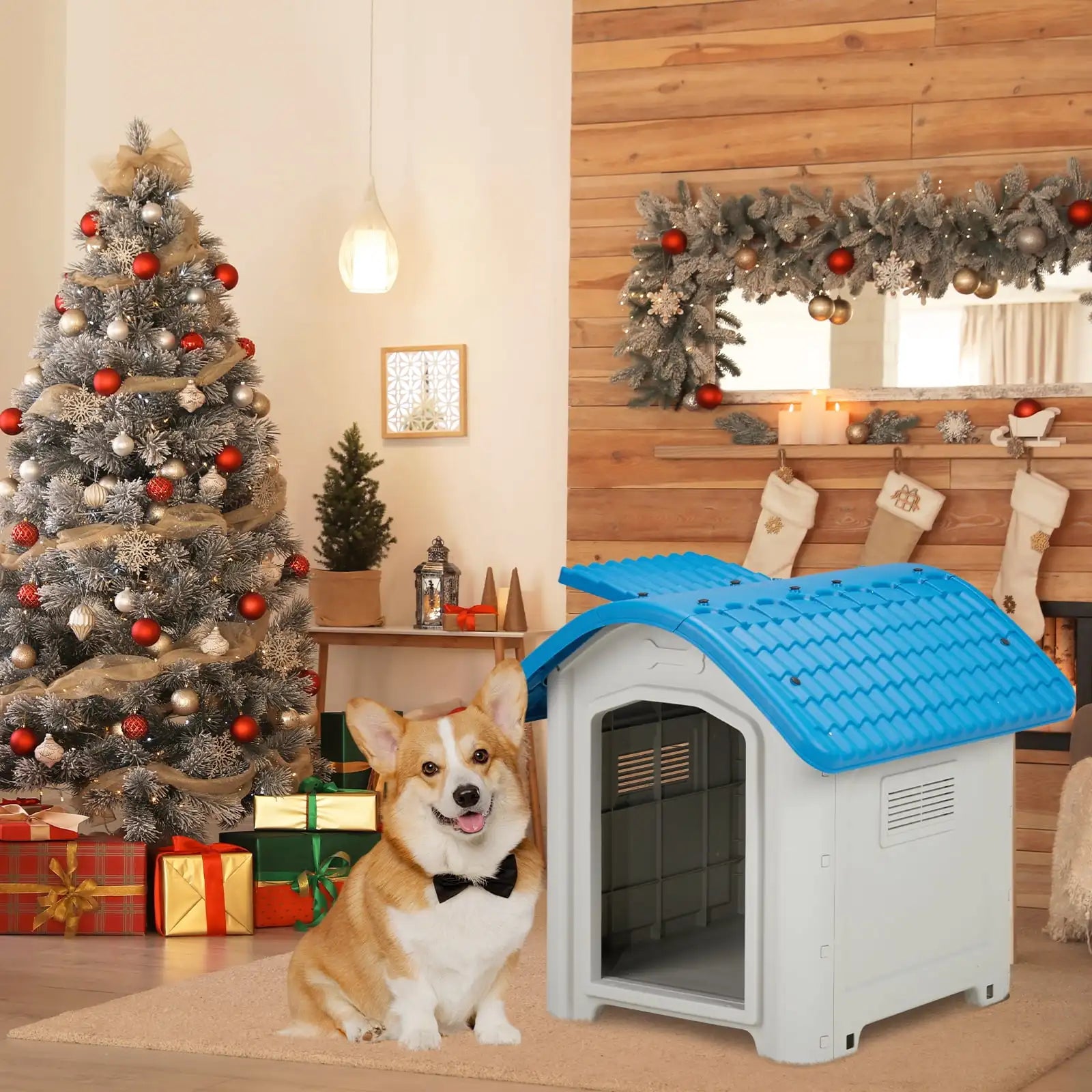 28 Inch Dog House, Outdoor Indoor Doghouse Raised Plastic Pet House with Adjustable Sunroof and Elevated Base