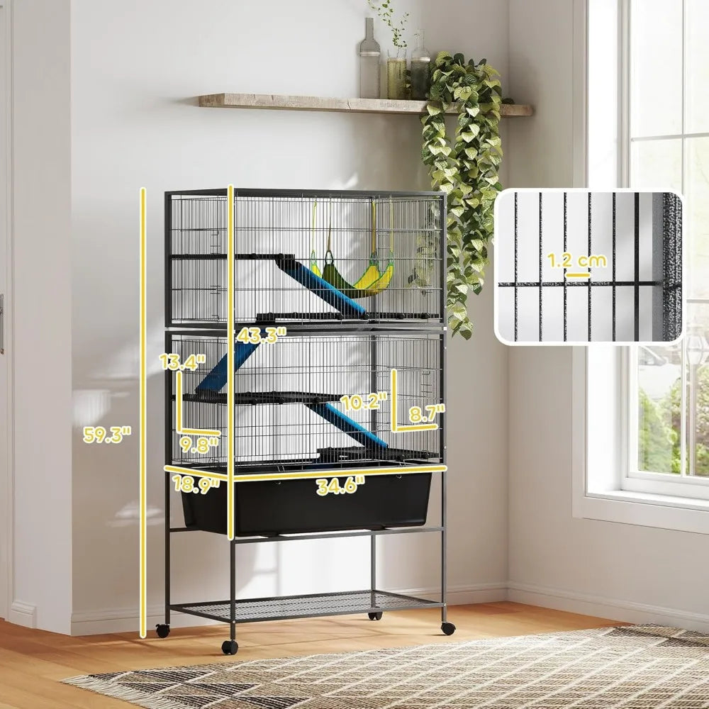 59" 5-Level Small Animal Cage, Rolling Ferret Chinchilla Cage with Slide Out 6.3" Deep Tray, Non-Slip Cloth Covered Ramps, Hamm