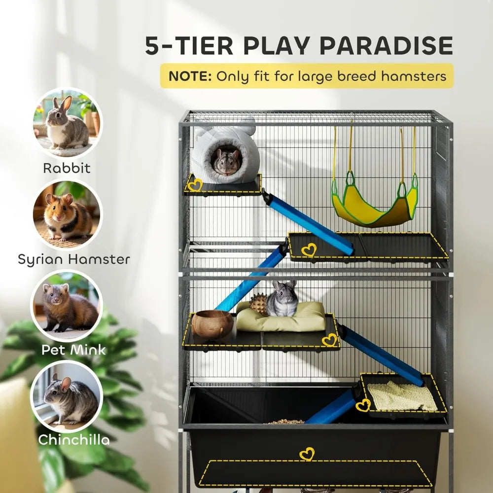 59" 5-Level Small Animal Cage, Rolling Ferret Chinchilla Cage with Slide Out 6.3" Deep Tray, Non-Slip Cloth Covered Ramps, Hamm