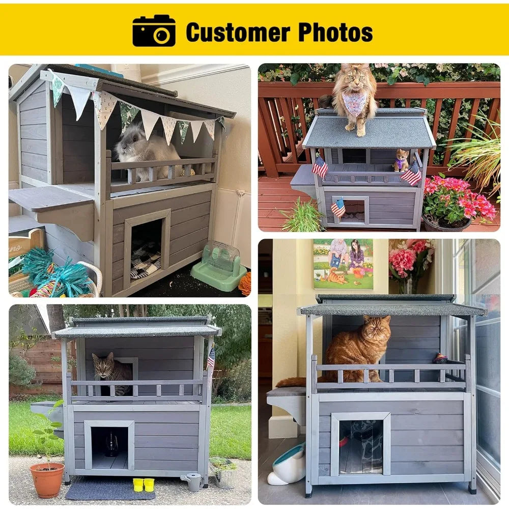 2 Story Cat House with Large Balcony, Indoor Cat Condo Outdoor Cat Shelter, Wooden Kitty Home with PVC Door Strip