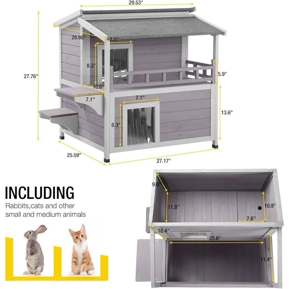 2 Story Cat House with Large Balcony, Indoor Cat Condo Outdoor Cat Shelter, Wooden Kitty Home with PVC Door Strip
