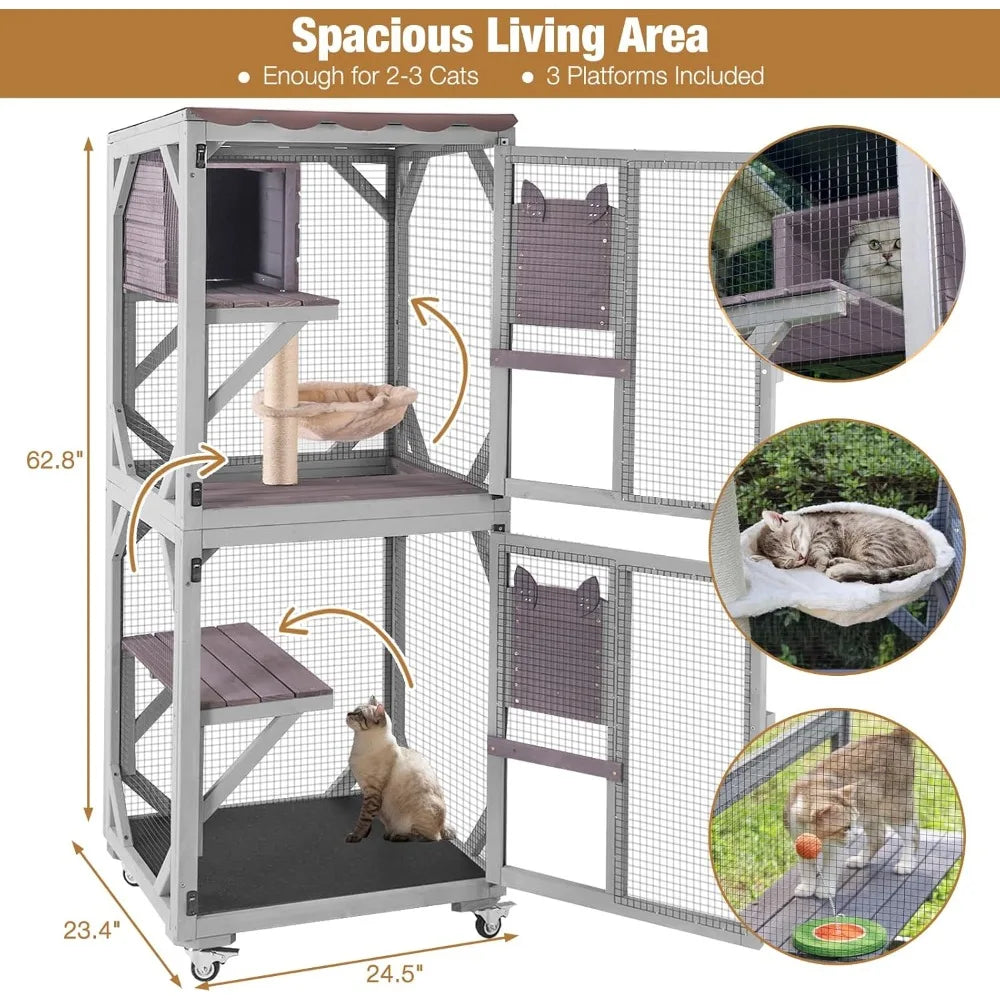 Catio Outdoor Cat Enclosure, 4 Tiers Outdoor Cat House with Wheels, Kitty Cages Indoor Large Window Catio -Waterproof Roof