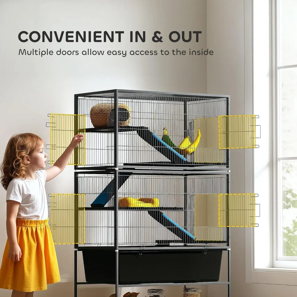59" 5-Level Small Animal Cage, Rolling Ferret Chinchilla Cage with Slide Out 6.3" Deep Tray, Non-Slip Cloth Covered Ramps, Hamm