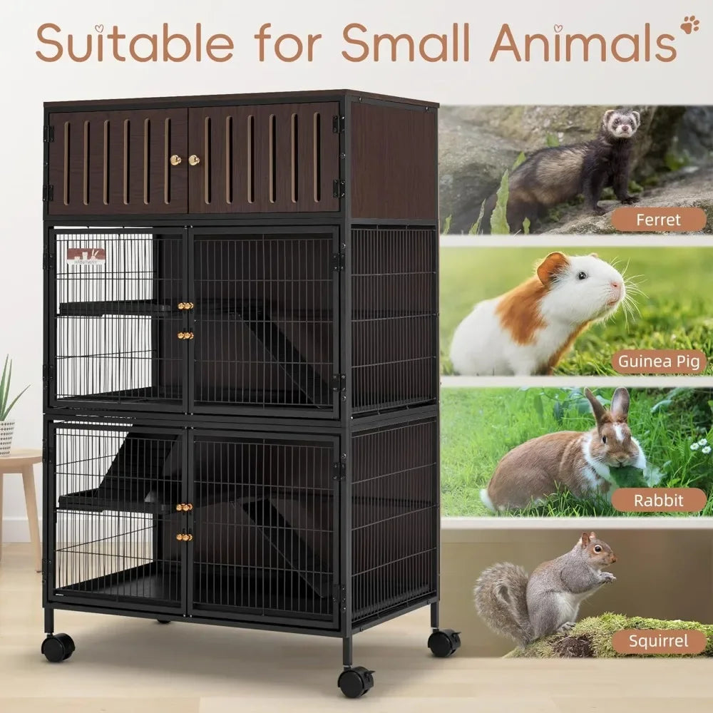 50''H Metal Large Ferret Cage, Rolling Chinchilla Cage with Removable Ramps& Double Door, Critter Nation with Locker