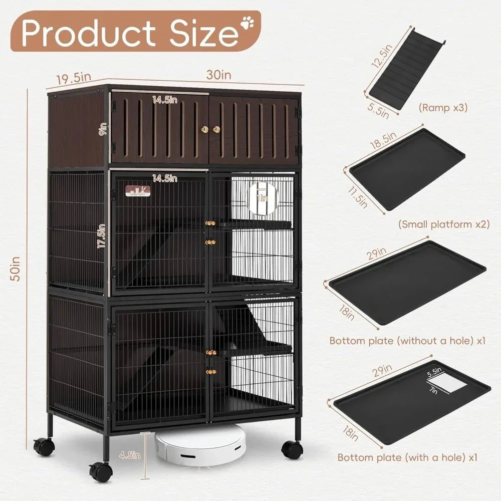 50''H Metal Large Ferret Cage, Rolling Chinchilla Cage with Removable Ramps& Double Door, Critter Nation with Locker