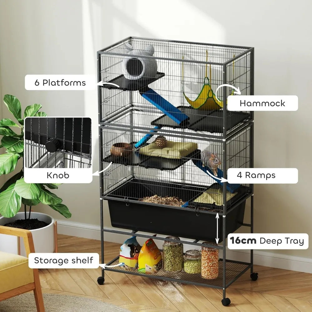 59" 5-Level Small Animal Cage, Rolling Ferret Chinchilla Cage with Slide Out 6.3" Deep Tray, Non-Slip Cloth Covered Ramps, Hamm