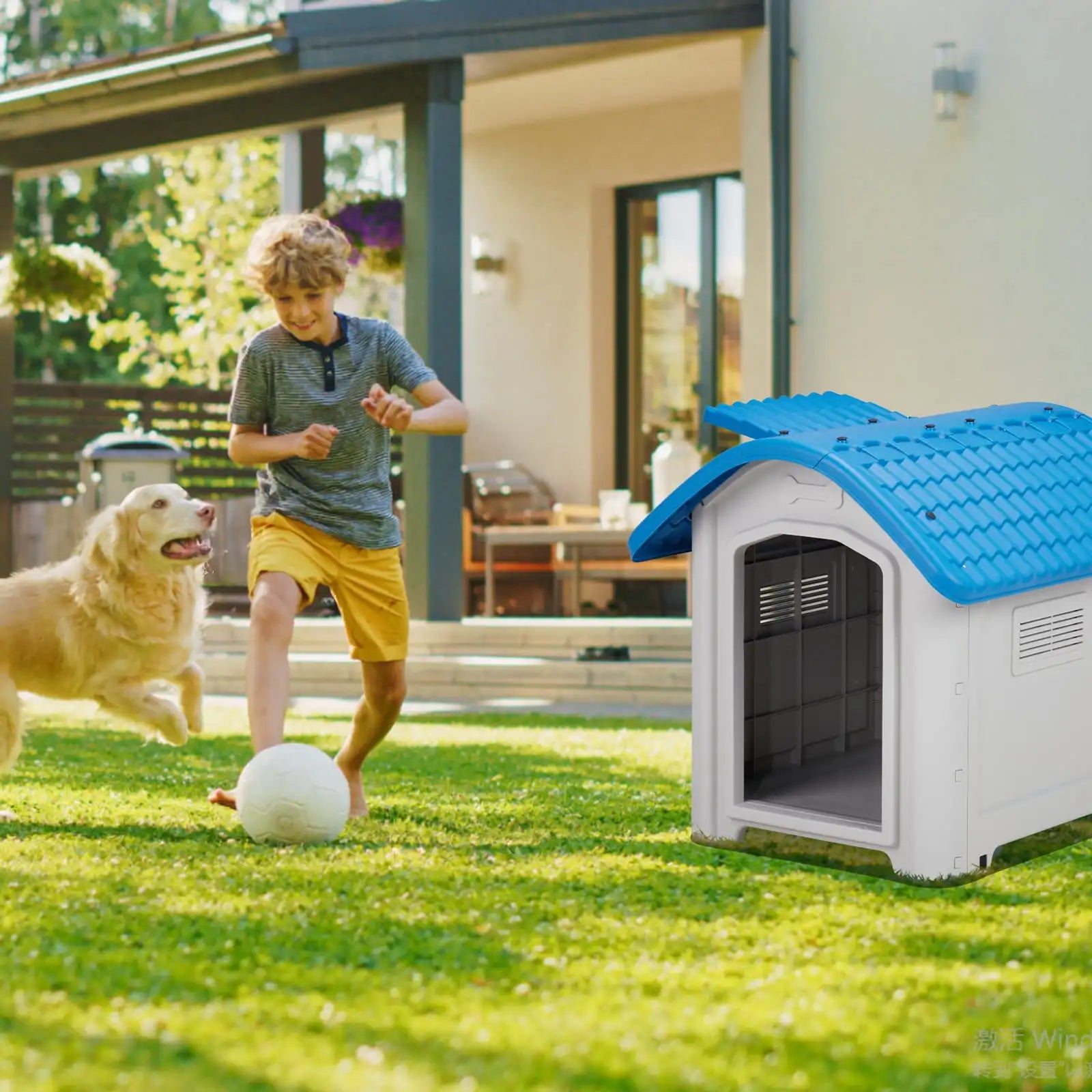 28 Inch Dog House, Outdoor Indoor Doghouse Raised Plastic Pet House with Adjustable Sunroof and Elevated Base