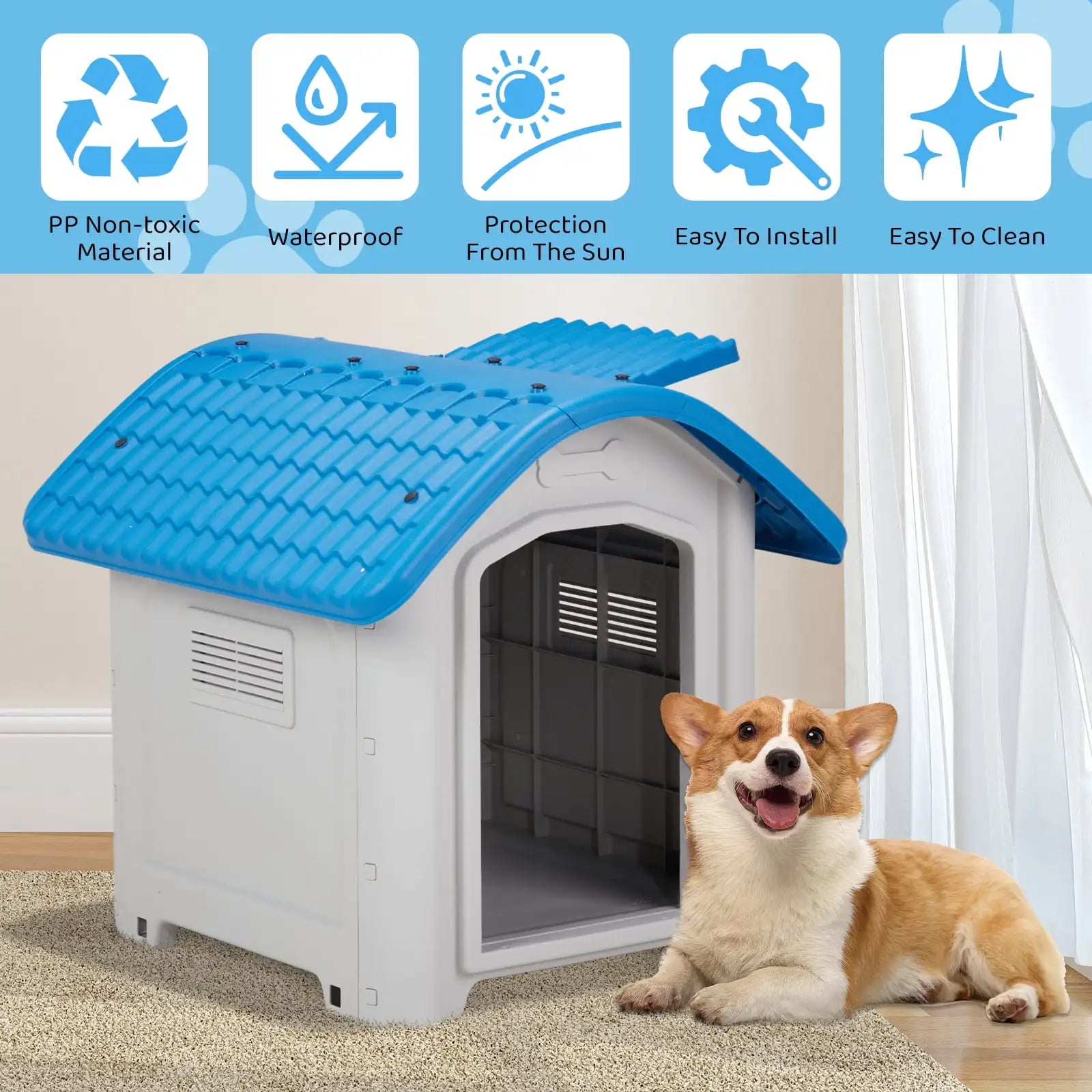 28 Inch Dog House, Outdoor Indoor Doghouse Raised Plastic Pet House with Adjustable Sunroof and Elevated Base