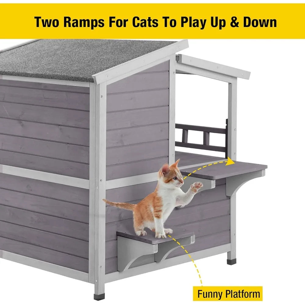 2 Story Cat House with Large Balcony, Indoor Cat Condo Outdoor Cat Shelter, Wooden Kitty Home with PVC Door Strip