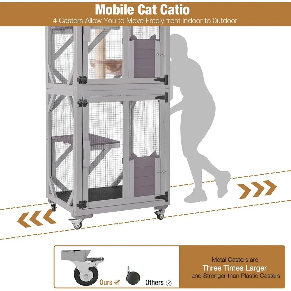 Catio Outdoor Cat Enclosure, 4 Tiers Outdoor Cat House with Wheels, Kitty Cages Indoor Large Window Catio -Waterproof Roof