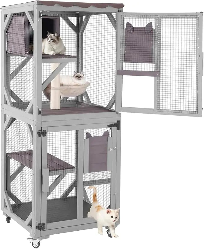 Catio Outdoor Cat Enclosure, 4 Tiers Outdoor Cat House with Wheels, Kitty Cages Indoor Large Window Catio -Waterproof Roof