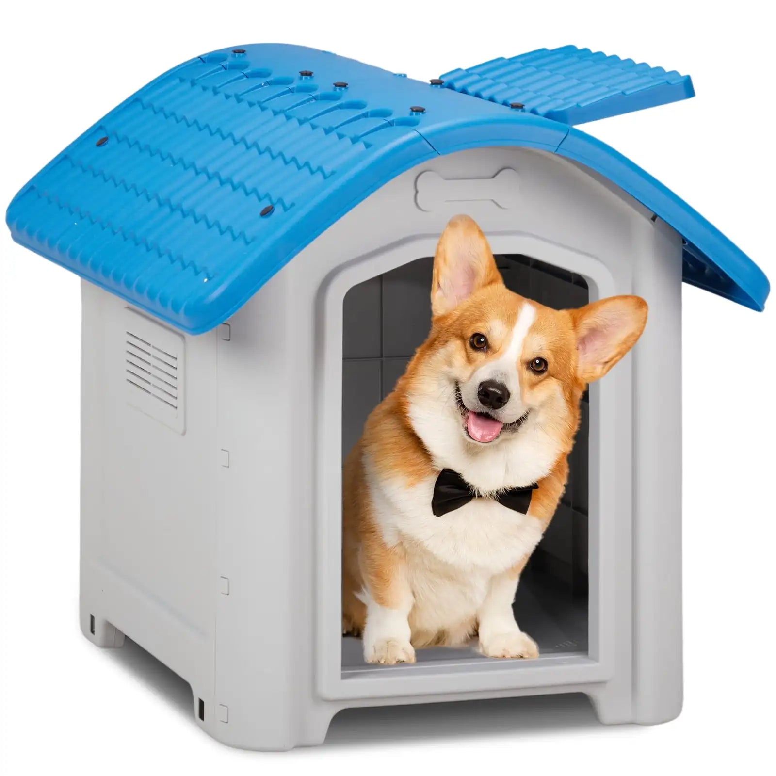 28 Inch Dog House, Outdoor Indoor Doghouse Raised Plastic Pet House with Adjustable Sunroof and Elevated Base