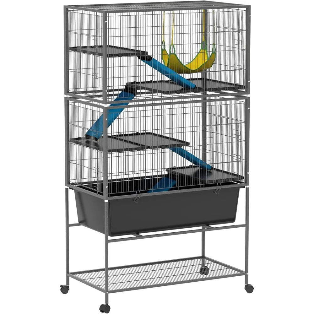 59" 5-Level Small Animal Cage, Rolling Ferret Chinchilla Cage with Slide Out 6.3" Deep Tray, Non-Slip Cloth Covered Ramps, Hamm