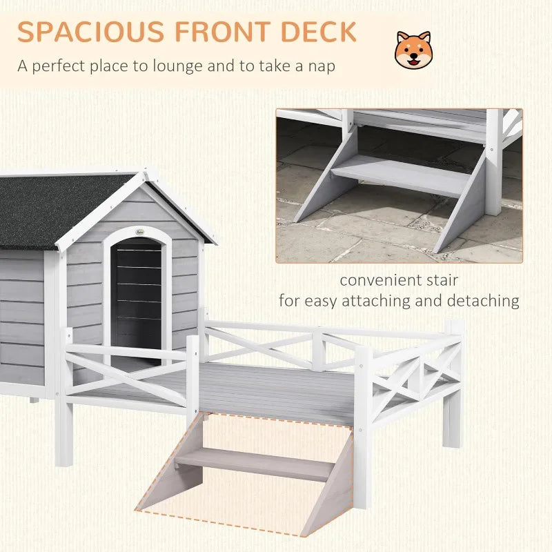PawHut Outdoor Dog House with Porch, Wooden Dog Kennel with Water-Resistant Asphalt Roof, Ladders, Fencing, Window, for Small an