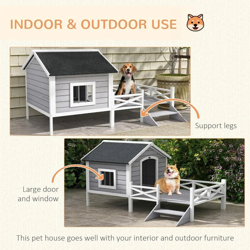 PawHut Outdoor Dog House with Porch, Wooden Dog Kennel with Water-Resistant Asphalt Roof, Ladders, Fencing, Window, for Small an