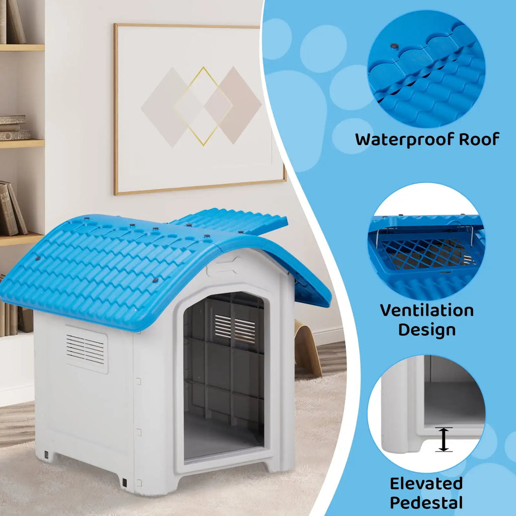 28 Inch Dog House, Outdoor Indoor Doghouse Raised Plastic Pet House with Adjustable Sunroof and Elevated Base