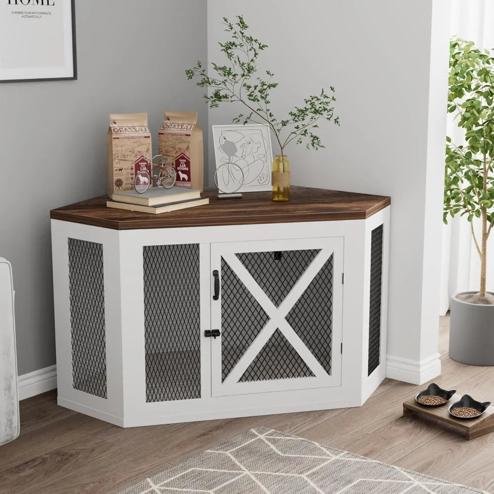 Corner Dogs Crate Furniture, Wooden Dog Kennel End Table with Mesh, Cage/House for Small Medium Large Dogs, Decorative Pet Crate
