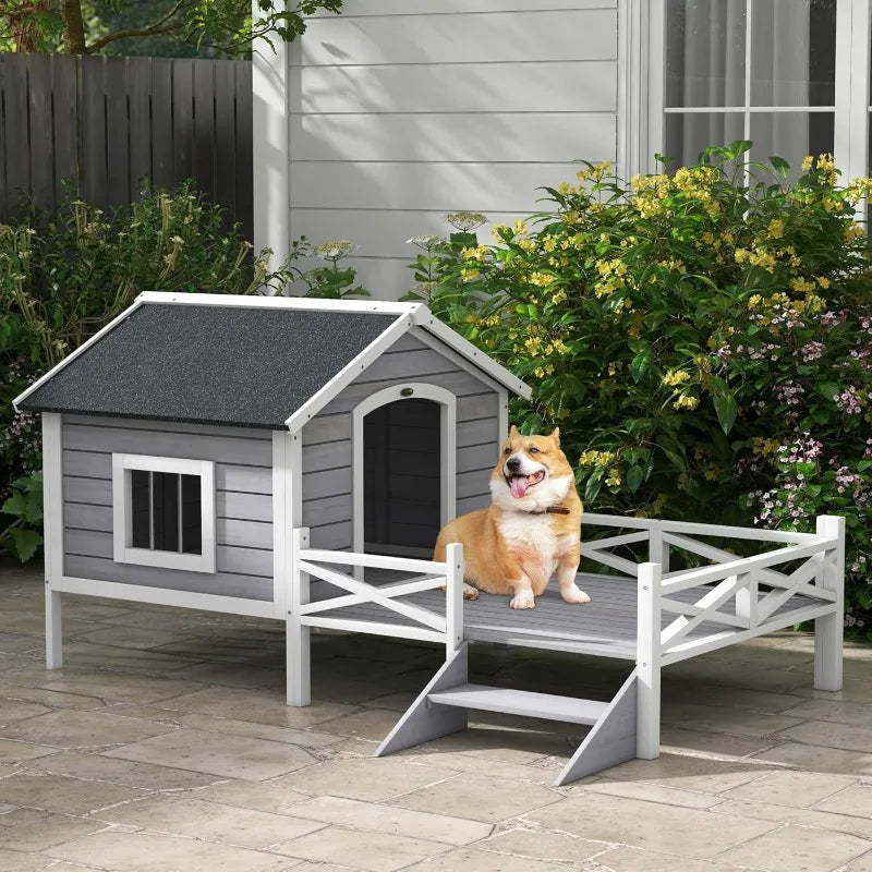 PawHut Outdoor Dog House with Porch, Wooden Dog Kennel with Water-Resistant Asphalt Roof, Ladders, Fencing, Window, for Small an