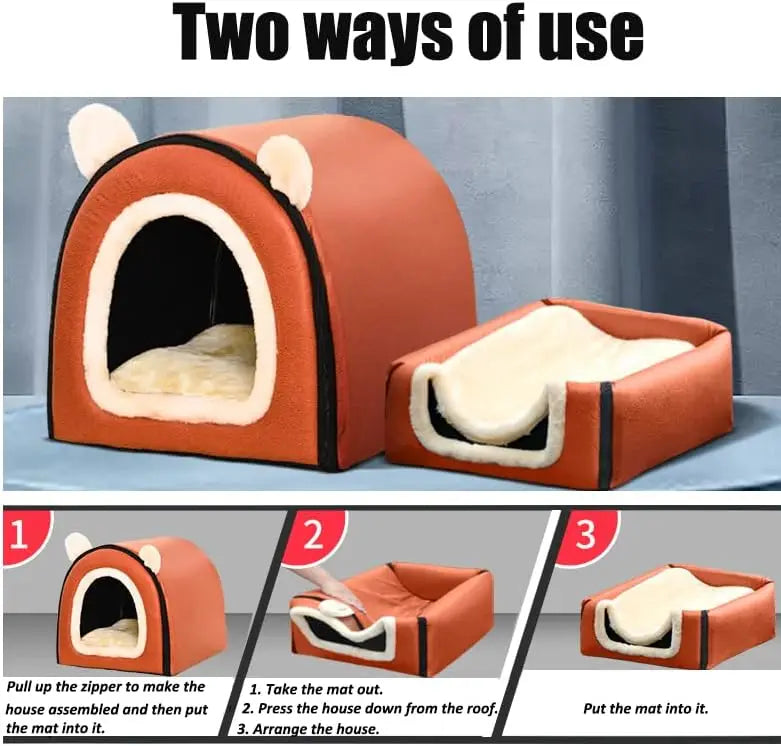 Dog Bed,2 Ways To Use,Indoor Pet House With Fluffy Mat,Removable And Washable Cover,Splash-Proof House And Non-Slip Bottom,For