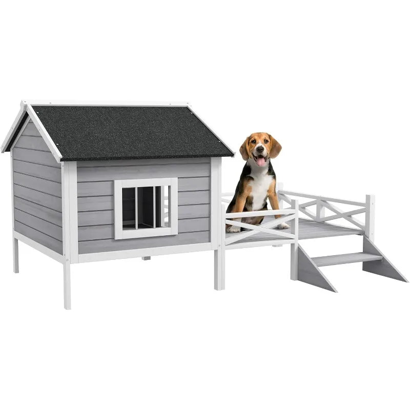 PawHut Outdoor Dog House with Porch, Wooden Dog Kennel with Water-Resistant Asphalt Roof, Ladders, Fencing, Window, for Small an
