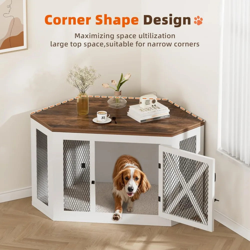 Corner Dogs Crate Furniture, Wooden Dog Kennel End Table with Mesh, Cage/House for Small Medium Large Dogs, Decorative Pet Crate