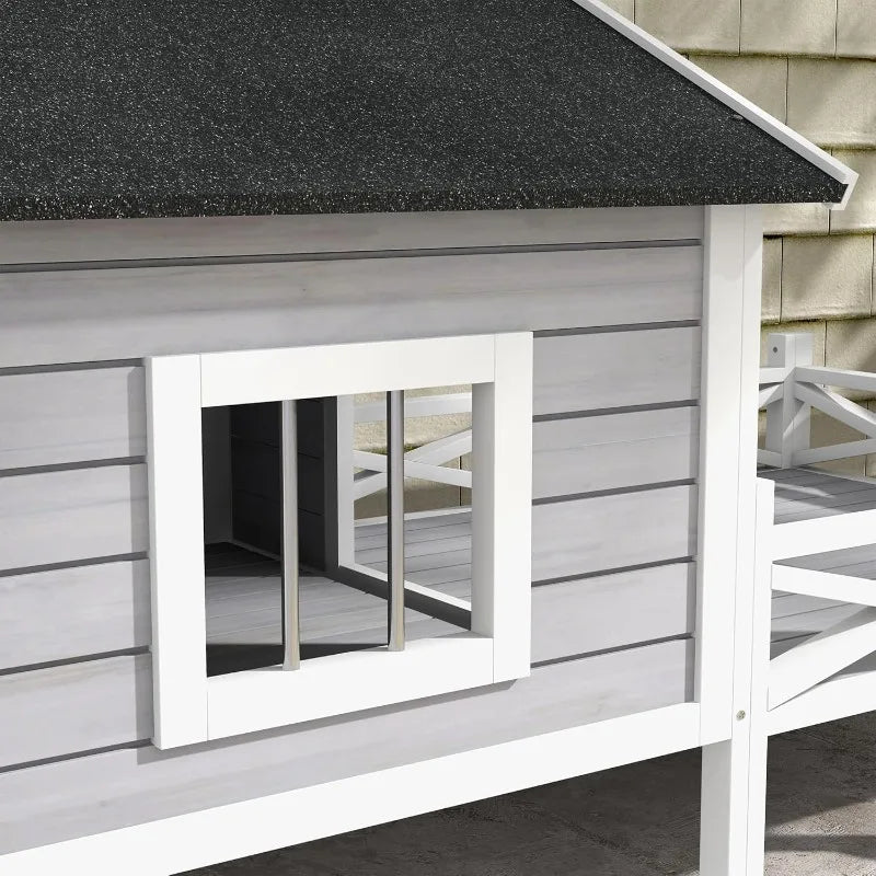PawHut Outdoor Dog House with Porch, Wooden Dog Kennel with Water-Resistant Asphalt Roof, Ladders, Fencing, Window, for Small an