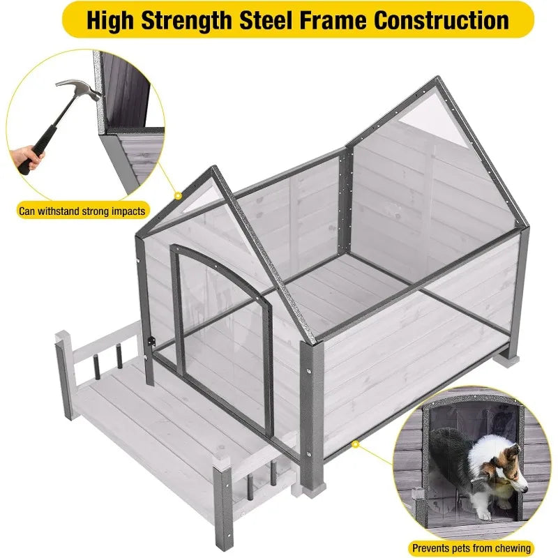 Dog House Outdoor,Dog Kennel Outside for Large Breed, Weatherproof Large Dog Shelter with An (Grey-N, 45" D x 32.9" W x 32.6" H)