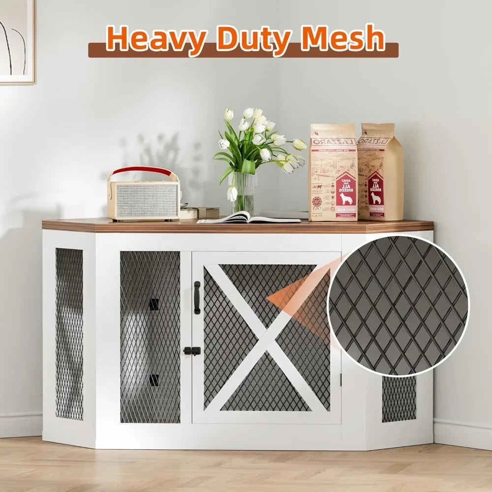 Corner Dogs Crate Furniture, Wooden Dog Kennel End Table with Mesh, Cage/House for Small Medium Large Dogs, Decorative Pet Crate